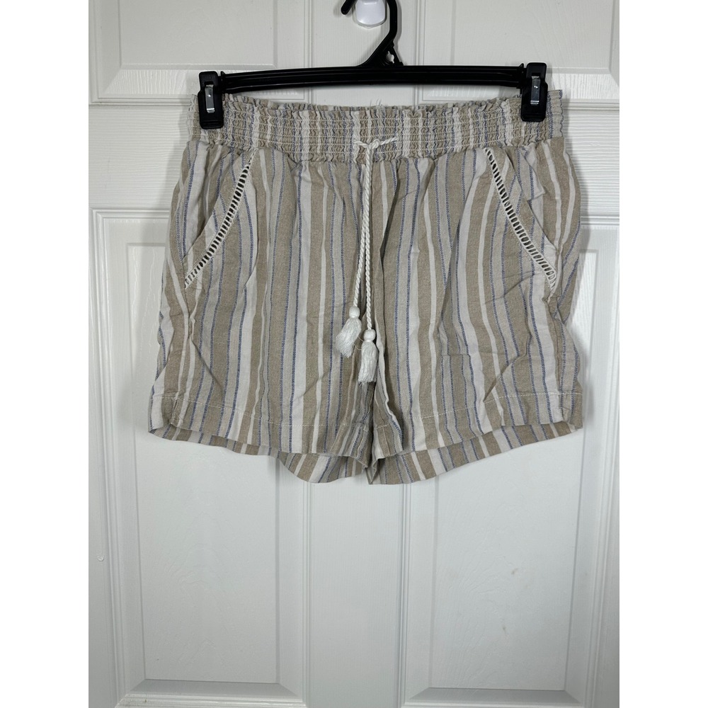 Briggs Shorts Womens M Beige Blue‎ Striped Smocked Waist Tassel Trim Casual